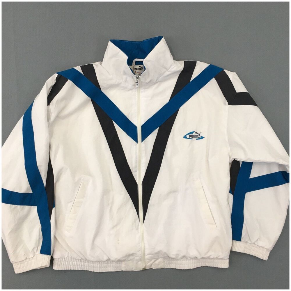 Vintage Puma Windbreaker Jacket Mens Size L White Black Blue Full Zip 90s Lined‎